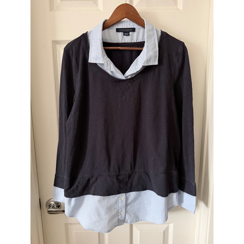 Tommy Hilfiger Navy Blue Mixed Media Layered Seersucker Striped Top XL